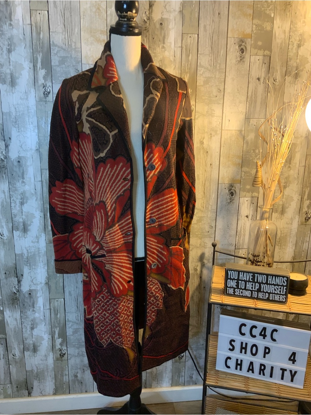 Peruvian Connection Floral Long Cardigan Coat in Red, Brown, Tan